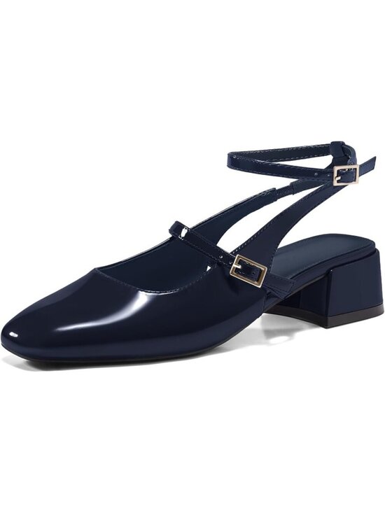 Shoes - Women's Navy Mary Jane Chunky Low Heel Closed Square Toe Ankle Strap Pump Shoe